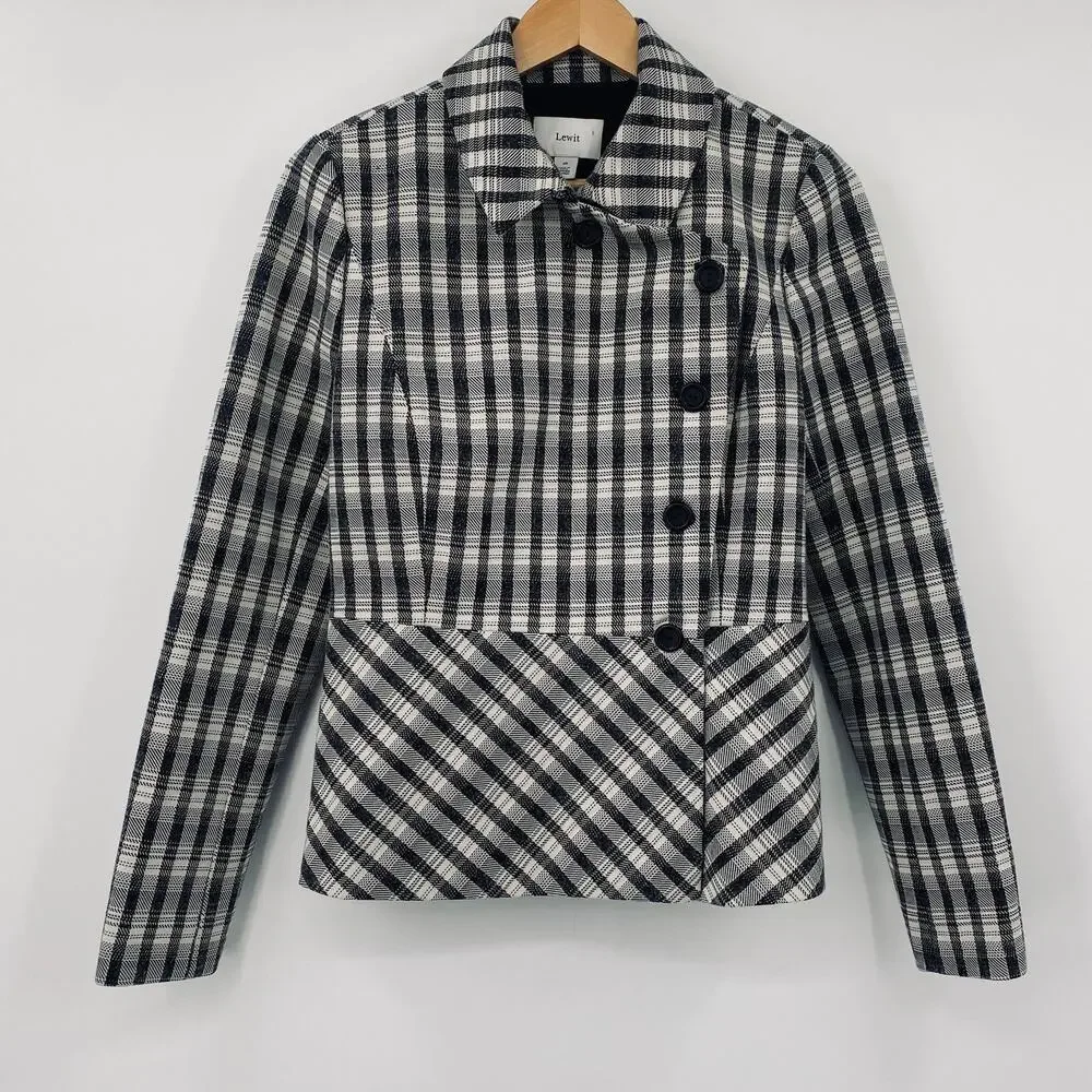 Lewit Chandler Plaid Peplum Jacket Blazer Wool Blend Black Beige Womens Medium